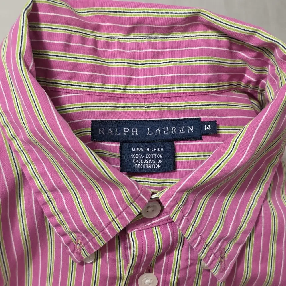 Ralph Lauren Big Girls Size 14 Button Down Shirt Pink Green Navy Striped Pony